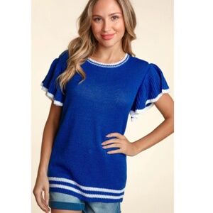"The Kelly" Royal Blue Flutter Short Sleeve Sweater Top
